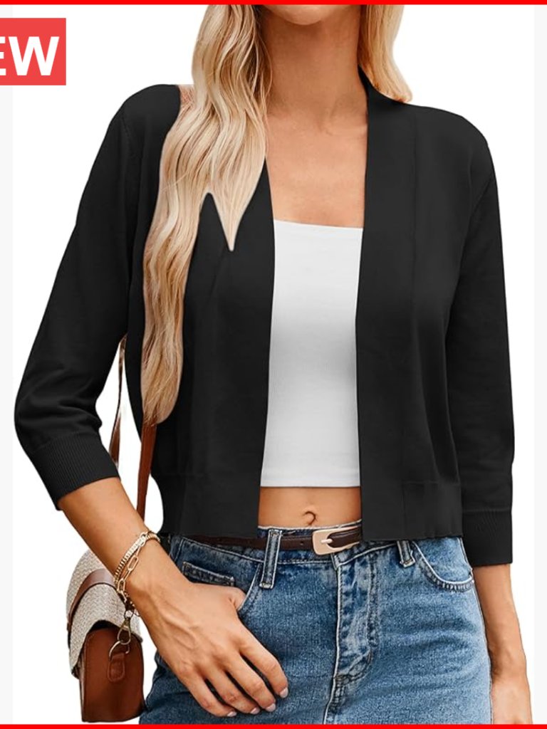Lightweight Knit Cropped Cardigan 3/4 Sleeve Open Front Shrug